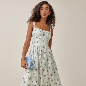 Reformation Maegan Linen Plaid Floral Ruffle Midi Dress Light Blue Size 0